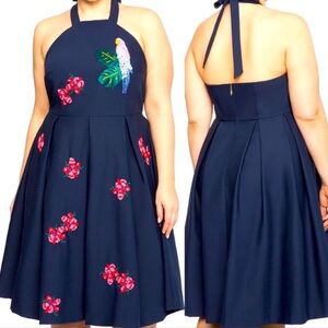 Draper James Navy Mini Dress with Red Floral and Parrot Embroidery
